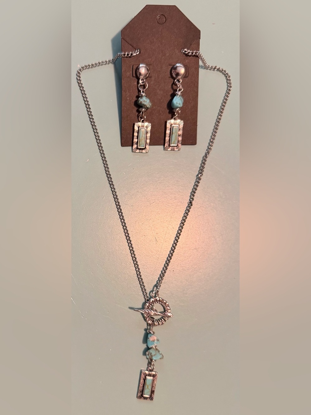 Silver-Tone Real Turquoise Necklace and Earrings Set - with Front Closure
